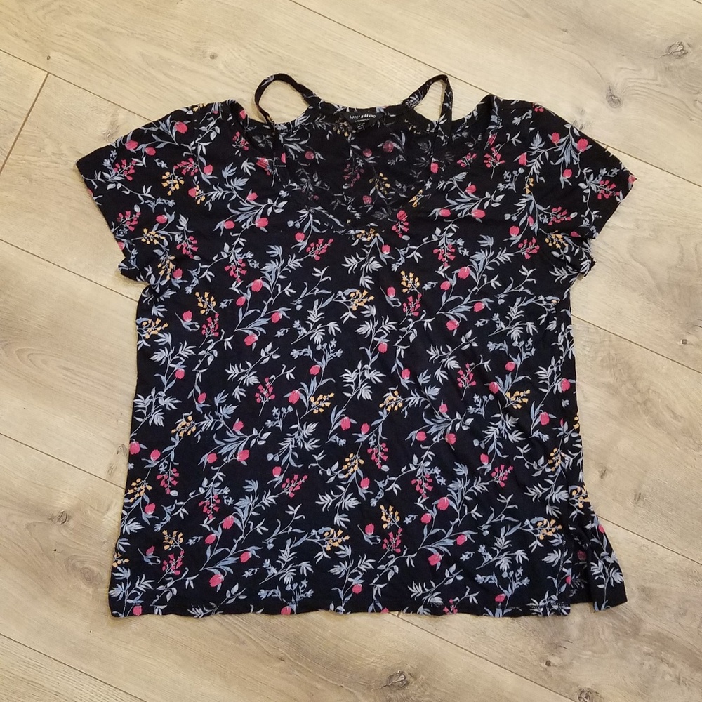 Lucky Brand Cold Shoulder Top Black Floral {Medium}
